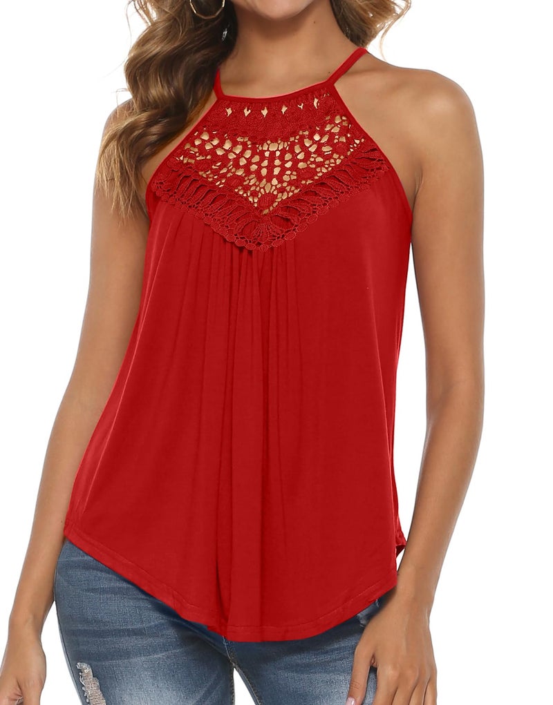 Bluetime Spaghetti Strap Tops for Women Flowy Lace Dressy Tank Tops Jersey Shirt Red L - Image 2